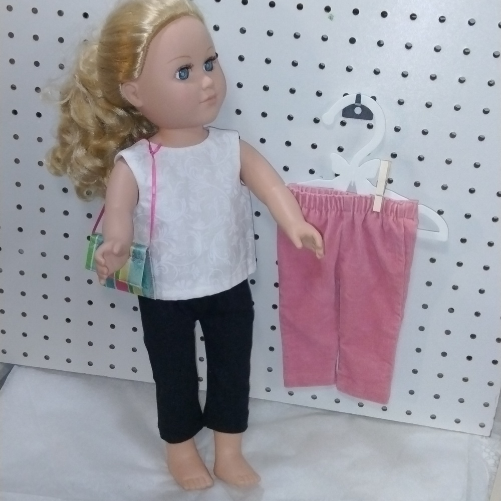 Leggings/Corduroy Pants & White Sleeveless Top & Purse Hand Crafted ~ 18" Dolls